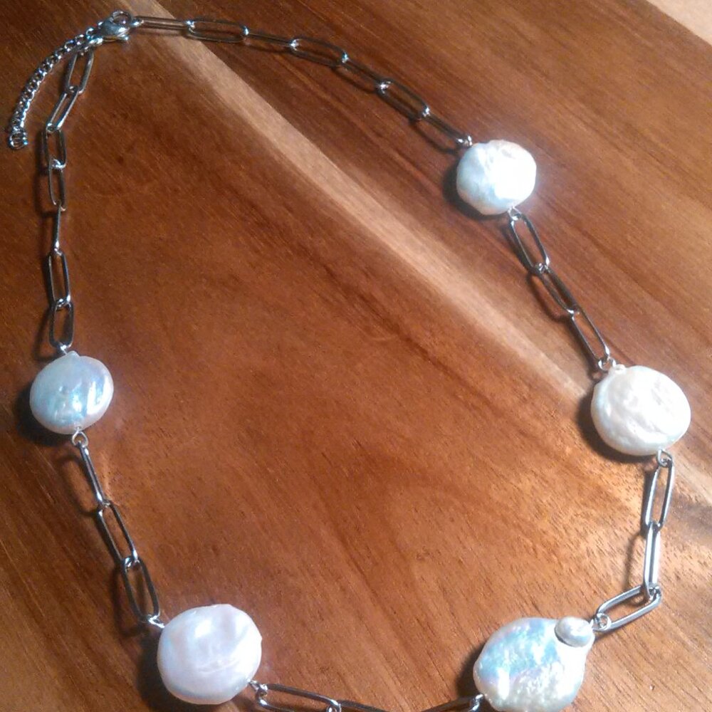 White Freshwater Coin Pearl Stainless Steel Necklace